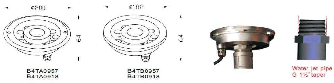 Dimensional Drawing for B4AT0957 B4AT0918 LED fountain lights (units:mm)