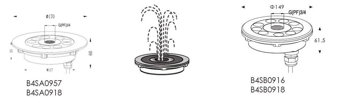 B4SA and B4SB Central ejective LED Fountain Light dimensional drawing(units-mm)