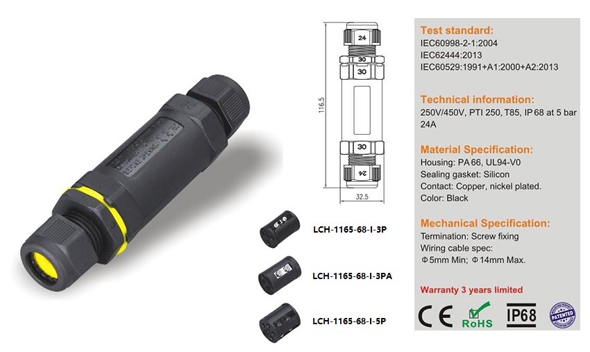 COMI LIGHTING_LCH-1165-68-I-5P I-type IP68 Waterproof 5Pins Connector