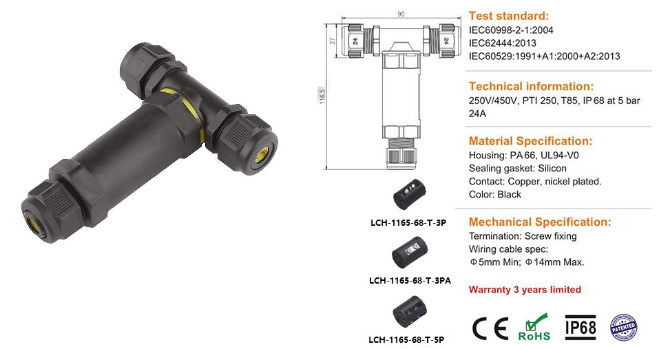 COMI LIGHTING_LCH-1165-68-T T-type IP68 Waterproof 3pins or 5Pins Connector