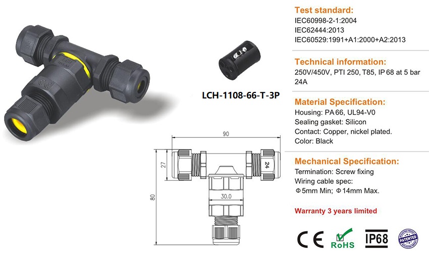LCH-1108-66-T-3P T type 3pins IP68 waterproof connector