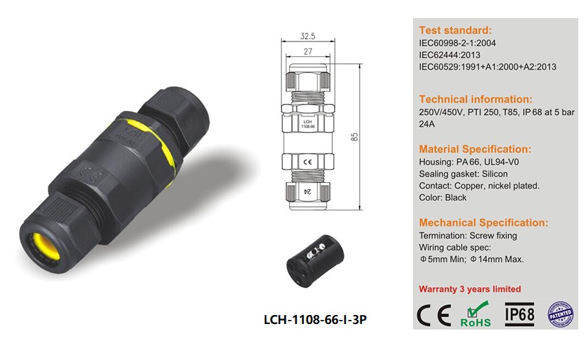 LCH-1108-66-I-3P 3pin I type IP68 waterproof connector for outdoor use