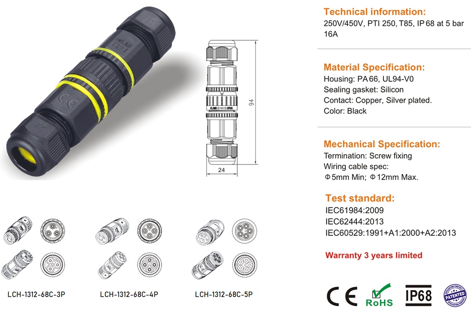 LCH1312.68C-I I type plug socket connector IP68 Waterproof 