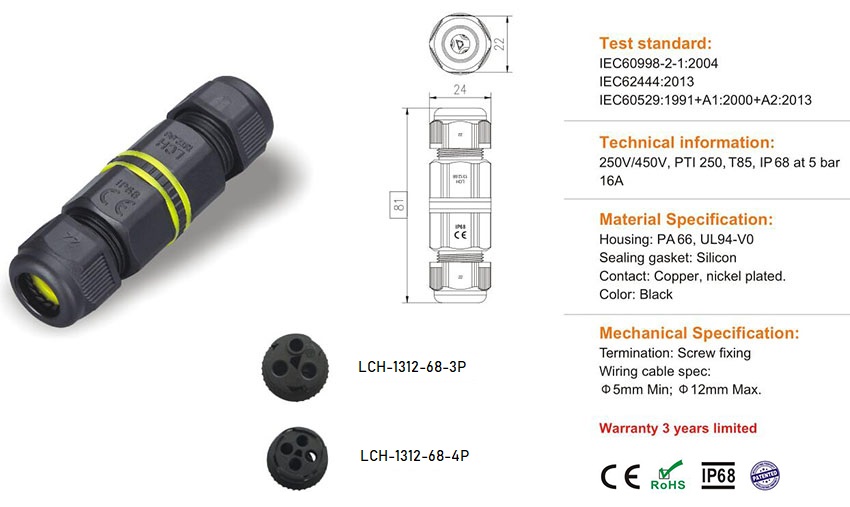 LCH-1312-68-I I-Type 3P 4P IP68 Waterproof Connector