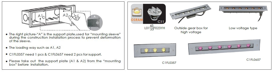 Mounting Sleeve Characteristic and LEDs and LED driver for C1FL0357 or C1FL0657 LED Inground lights