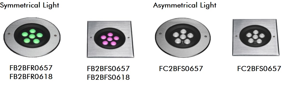 FB2BFR0657 FB2BFR0618 FB2BFS0657 FB2BFS0618 Symmetrical Light and Asymmetrical Light Output LED Inground light