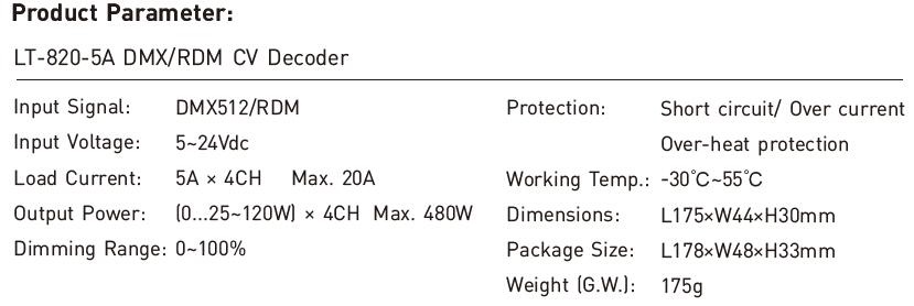 LT-820-5A DMX decoder Product Parameter