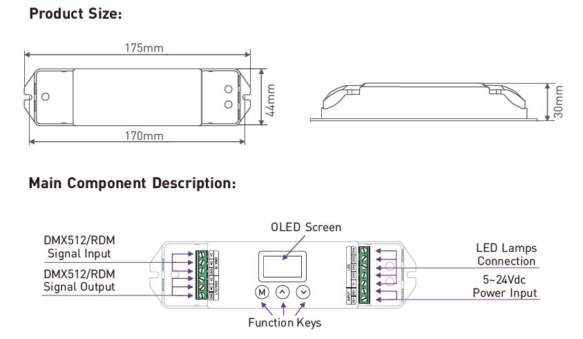 LT-820-5A 4channels DMX decoder dimension and main component description