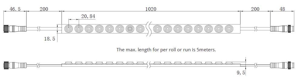 dimensional drawing for CRI90 IP67 asymmetrical or symmetrical flexible led wall washing strip light for indoor or outdoor lighting