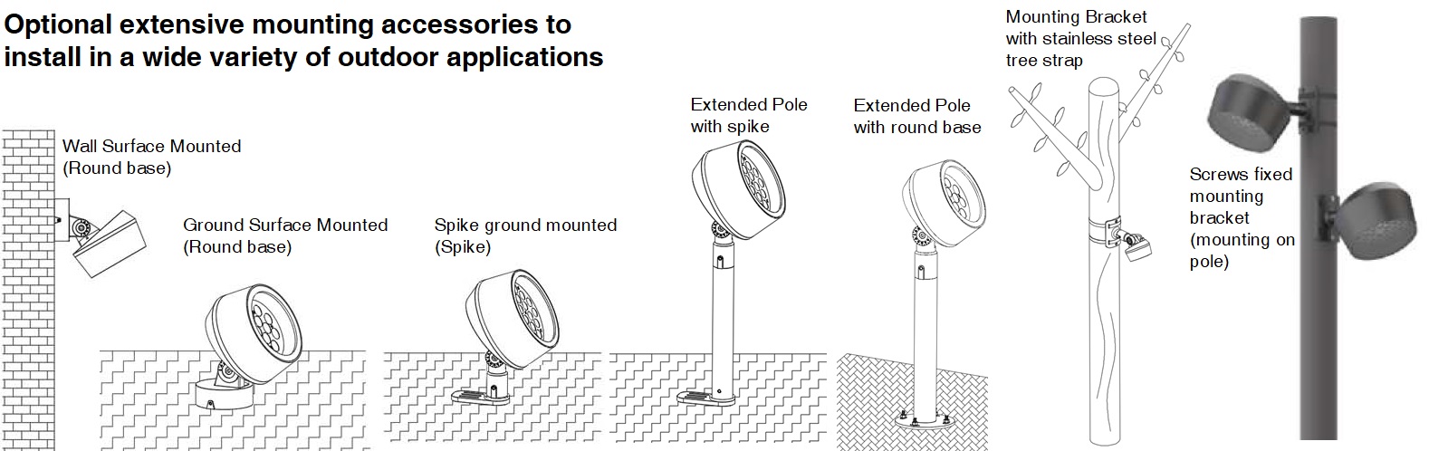 optional extensive mounting accessories enables the luminaire to install in a wide variety of outdoor applications, such as round base, ground spike, tree strap, curved base for pole or extended Pole.