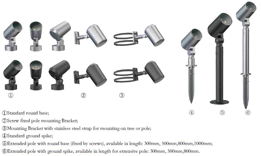 Opional extensive mounting accessories for LED architectural and lanscape spotlights