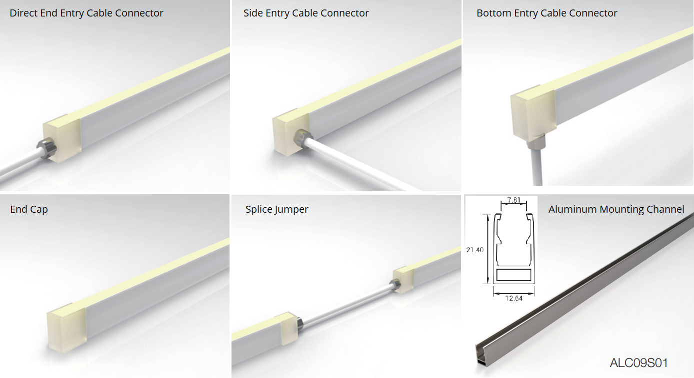 F09 neon LED strip injection molded connector and mounting accessories