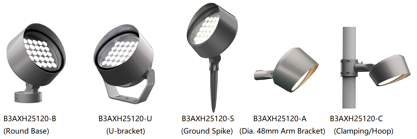 IP66 outdoor LED flood lights with extensive optional mounting accessories round base or spike or U-shaped bracket or pole arm or clamping to meet various lighting application installation
