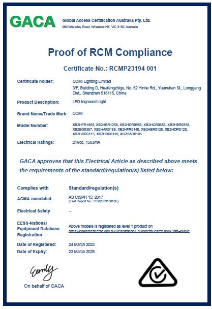 C-tick Certificate for LED inground lights