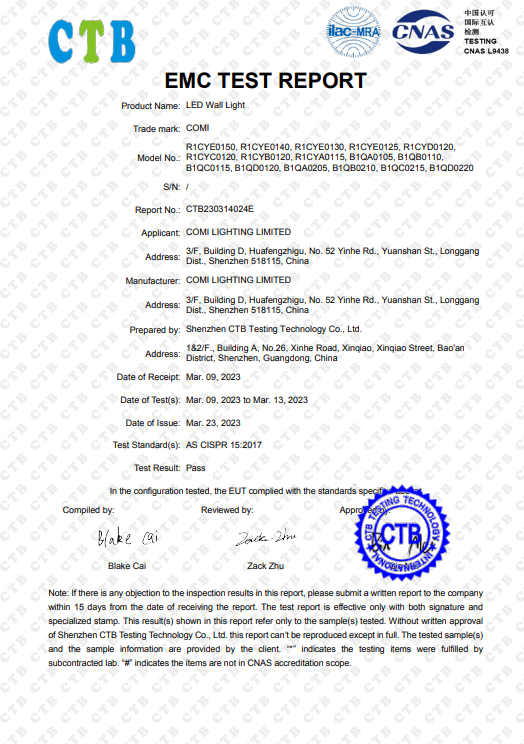 EMC Test Report for Outdoor Wall Light or Downlights