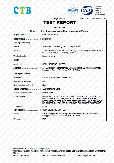 IP67 Test Report for LED underground light